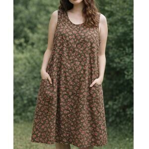 Vintage Linen Cotton Cottagecore Floral Sleeveless Dress Large Prairie Garden